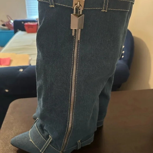 Blue Denim Knee-High Boots - Picture 2 of 3